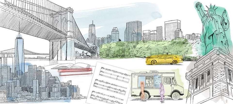 New York City illustration featuring iconic landmarks such as the Statue of Liberty, Brooklyn Bridge, yellow taxi, and a food truck.