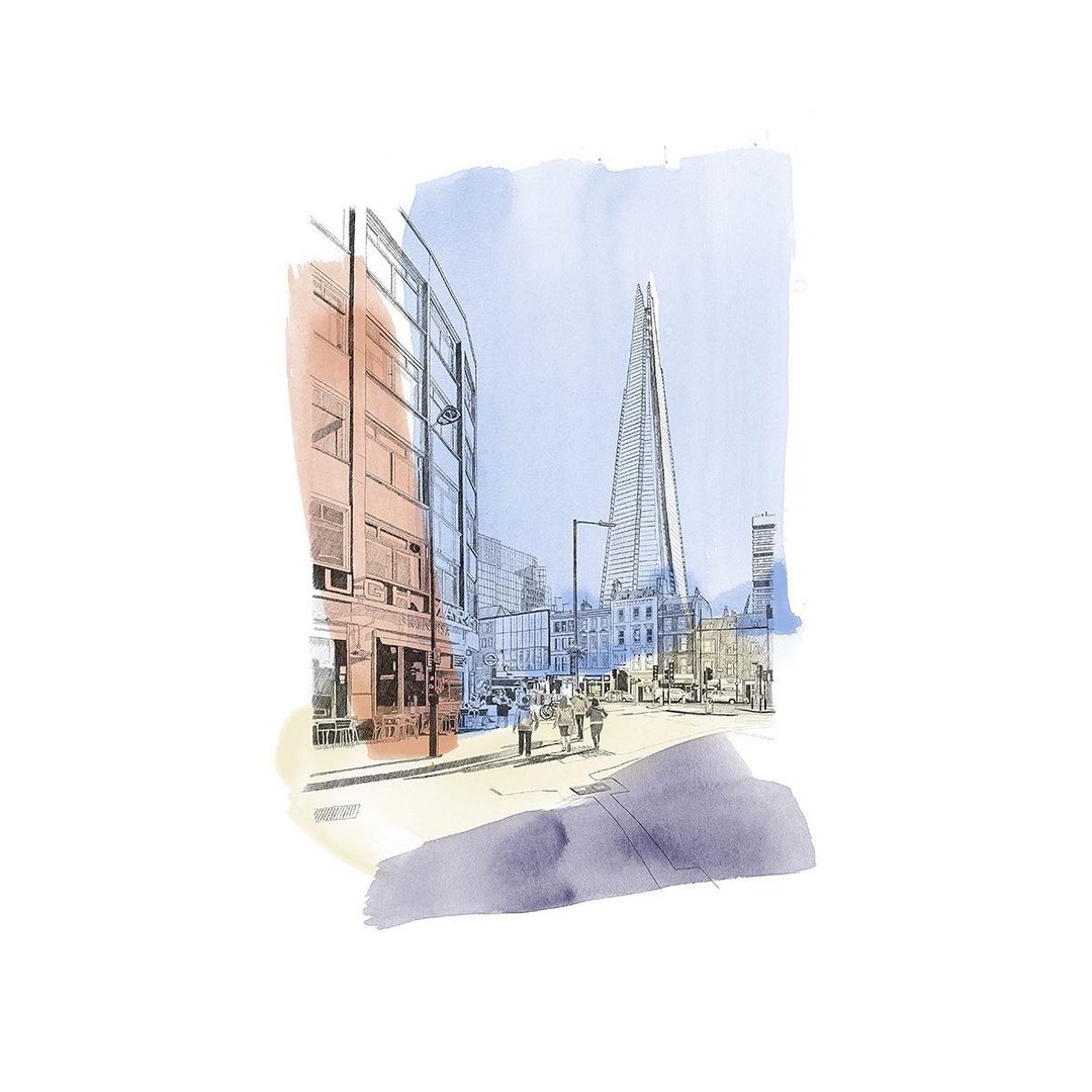 Watercolor and ink art depicting the Shard skyscraper in London with people walking on the street, urban environment.