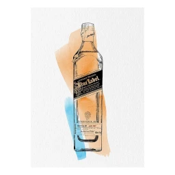 Detailed ink illustration of a whisky bottle layered over watercolor washes on textured white paper.