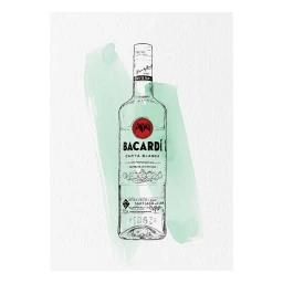 Illustration of a liquor bottle centered over a pale green watercolor brushstroke on textured white paper