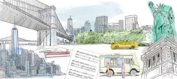 Watercolor illustration of New York City landmarks including the Brooklyn Bridge, Manhattan skyline, and the Statue of Liberty by Seb Arnold