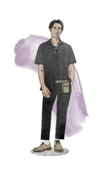 Illustration by Seb Arnold of a man wearing a dark button-down shirt and trousers with a small pouch belt