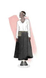 Illustration of a woman wearing a white long-sleeve top, dark skirt, and a patterned headband against a pink brushstroke backdrop