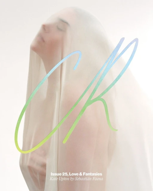 Portrait of a woman partially covered with a translucent white fabric, featuring a painted logo and the text 'Issue 25, Love & Fantasies'.