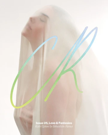 Portrait of a woman partially covered with a translucent white fabric, featuring a painted logo and the text 'Issue 25, Love & Fantasies'.