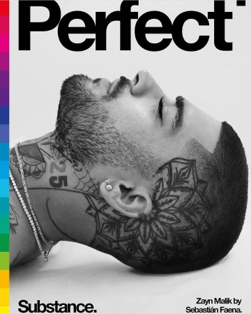 Black and white portrait of Zayn Malik on a magazine cover with colorful stripes, showcasing tattoos and piercing against a white backdrop.