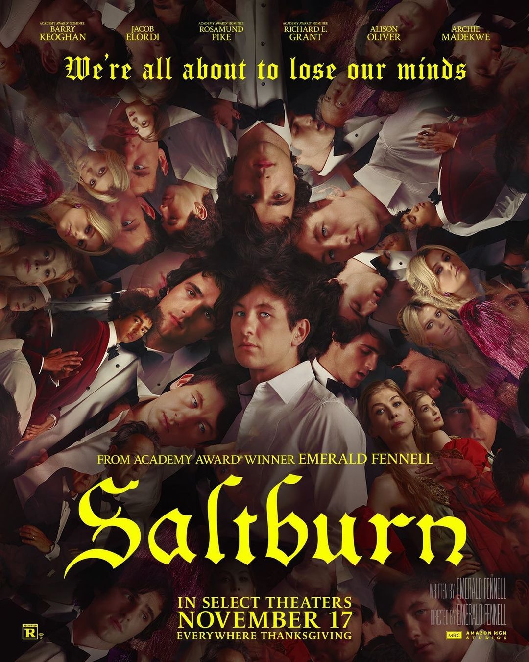 Movie poster for Saltburn featuring a crowd of men and women in formal wear, lying down, with title text and actor names above.