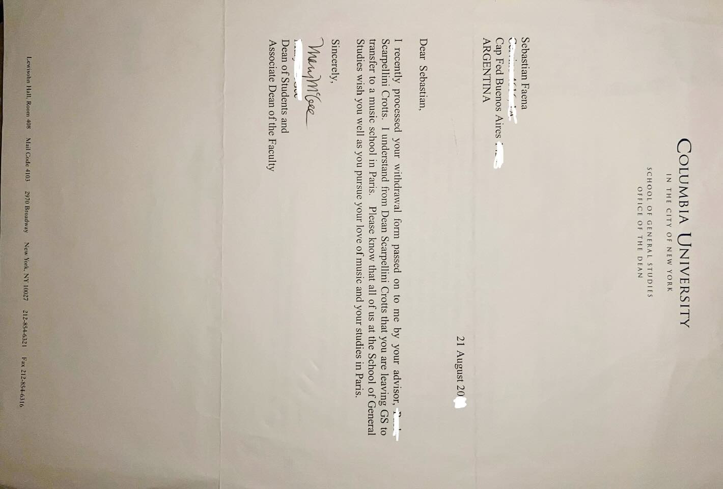 Columbia University letter with school address, dean's contact, and dated August 21, 2020 in clear typography on white paper.