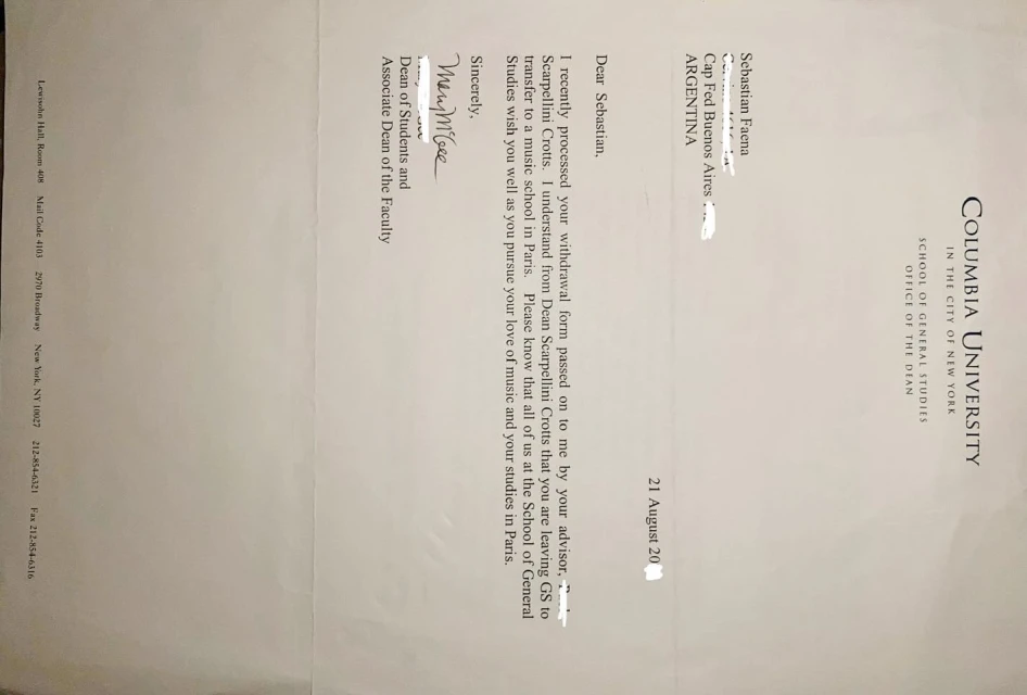 Columbia University letter with school address, dean's contact, and dated August 21, 2020 in clear typography on white paper.