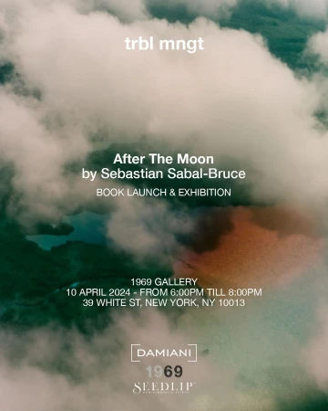 Book launch and exhibition announcement for 'After The Moon' by Sebastian Sabal-Bruce, presented by 1969 Gallery, New York. Abstract cloudy background.