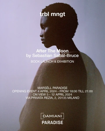 Fashion poster featuring a Black woman with short hair in front of event details for 'After the Moon' book launch and exhibition.