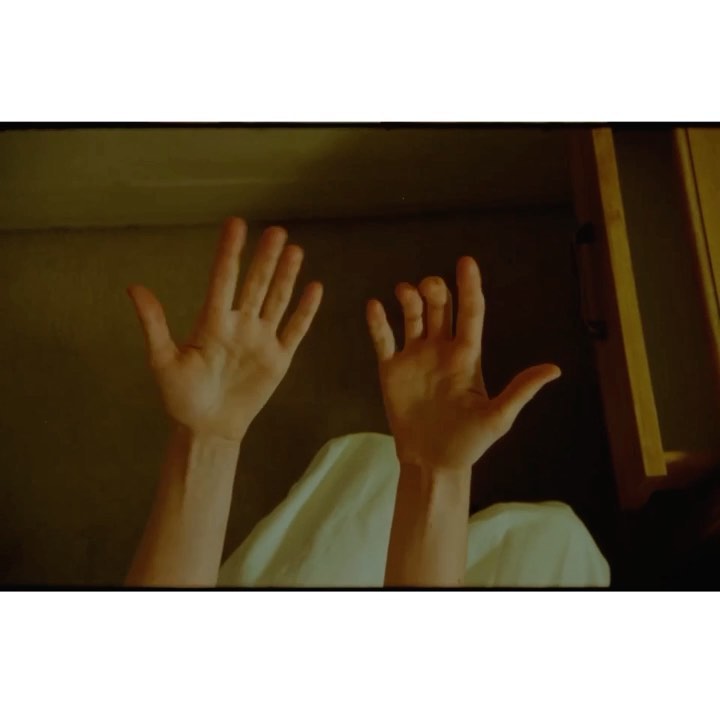 Close-up shot of raised human hands with light skin in an indoor setting. One hand displays the 'hang loose' sign.