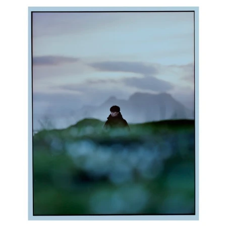 Person in dark outerwear standing amidst a landscape with a blurred foreground and distant hills under a cloudy sky.