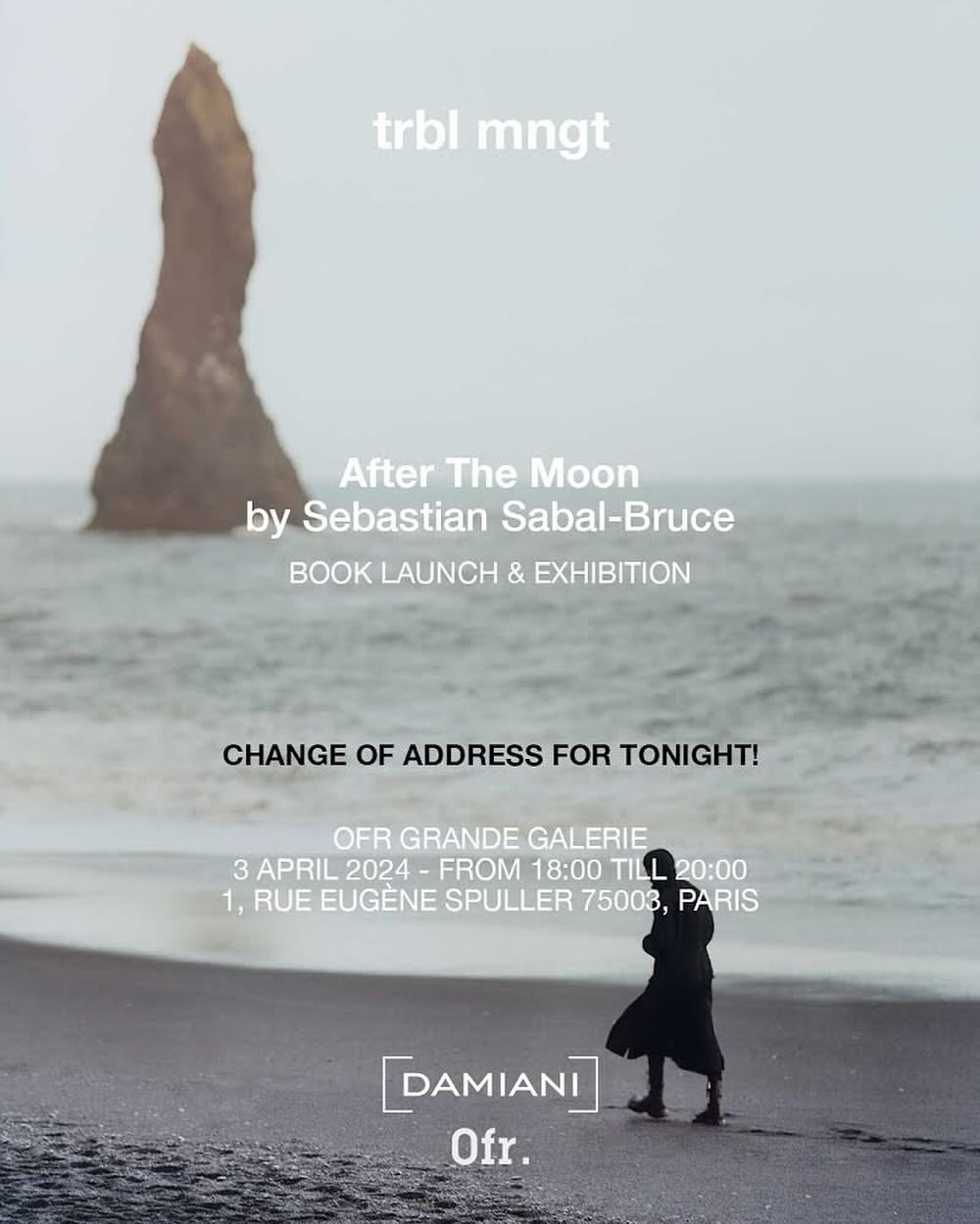 Ocean view poster featuring a person walking on a beach in front of a rocky outcropping, promoting the book launch and exhibition After The Moon.
