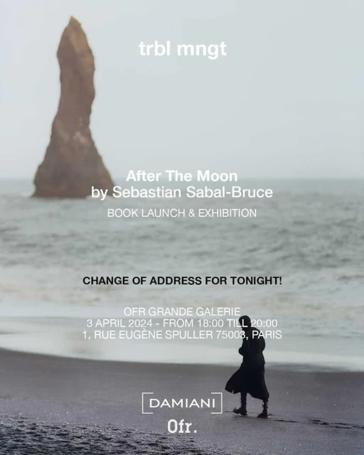 Ocean view poster featuring a person walking on a beach in front of a rocky outcropping, promoting the book launch and exhibition After The Moon.