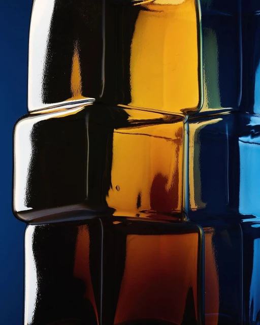 Abstract stacked square bottles in shades of blue, brown, and yellow arranged against a deep blue backdrop in vertical orientation.
