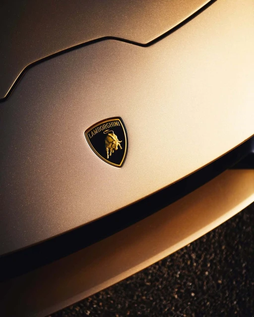 Close-up of the front of a gold Lamborghini showcasing its brand emblem on the hood, highlighting its luxury automotive design and brand identity.