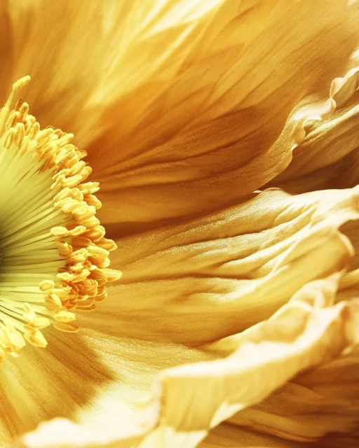 Macro close-up of a yellow poppy flower showcasing detailed petal texture, delicate floral structure, and vibrant, natural color.