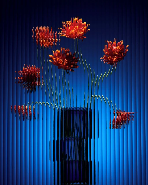 Still life of vibrant orange flowers in a blue vase against a blue striped background creating an abstract, colourful floral arrangement.