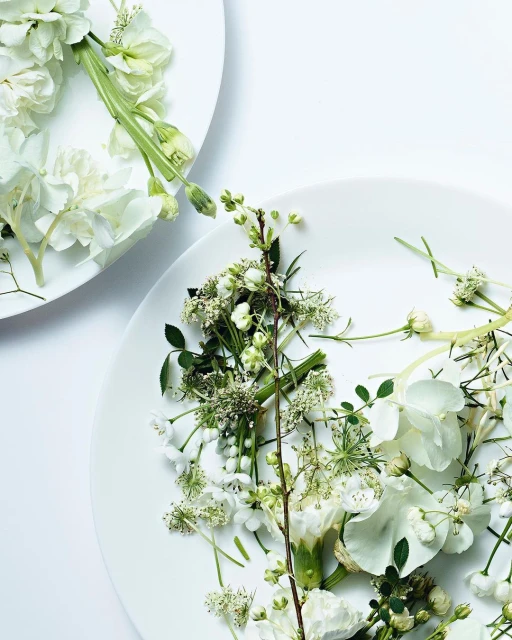 Overhead shot of two white plates, each adorned with a delicate arrangement of white flowers and green foliage on a white background.