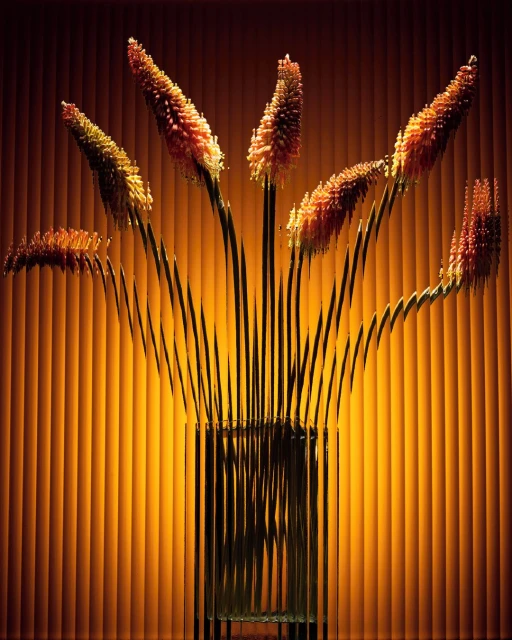 Arrangement of several Kniphofia flowers in a glass vase, lit with orange hues against a striped background.