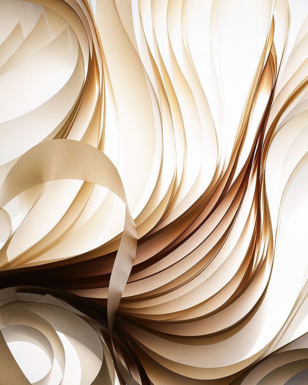 Abstract design featuring wavy, curving ribbons of gold, beige, and brown against a light background, creating a modern, flowing pattern.