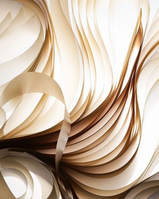 Abstract design featuring wavy, curving ribbons of gold, beige, and brown against a light background, creating a modern, flowing pattern.