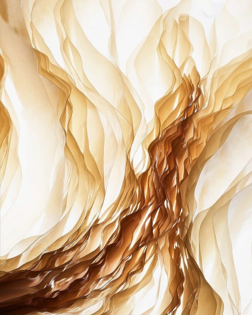 Abstract flowing fabric sculpture with layered translucent material in shades of white and golden brown, creating an ethereal, organic design.