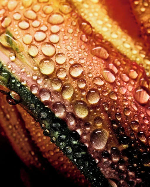 Macro shot of water droplets on a red and yellow plant leaf, capturing the intricate details and textures of the natural surface.