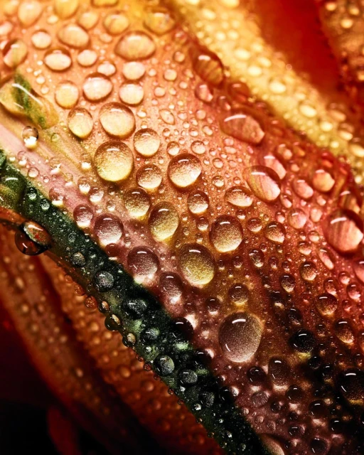 Close-up photograph showcasing water droplets on a multicolored petal, highlighting the texture and details of the botanical subject.