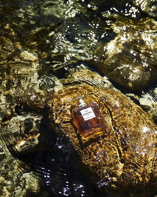 Crystal clear water flows over a textured rock on which a Chanel No. 5 bottle rests, with light reflecting off the water's surface.