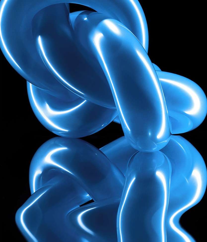 Abstract blue chain links intertwined on a black reflective surface create a modern, sleek, high-contrast design with vibrant colors.