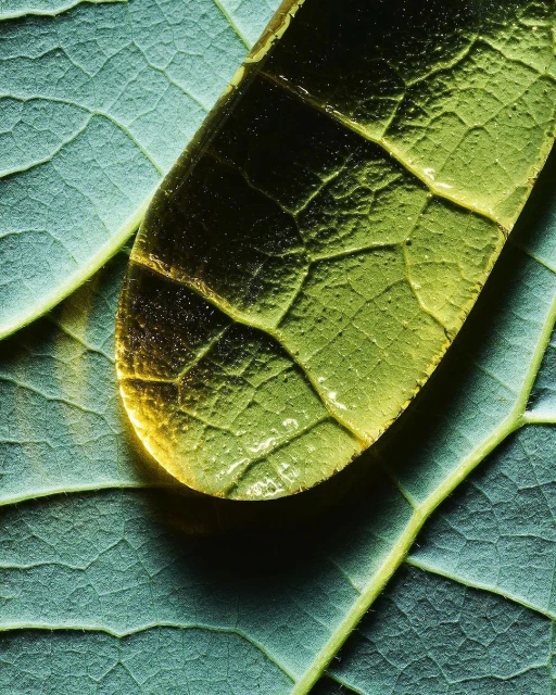 Close-up photo of a translucent yellow and green leaf sitting on top of a textured leaf with visible veins.