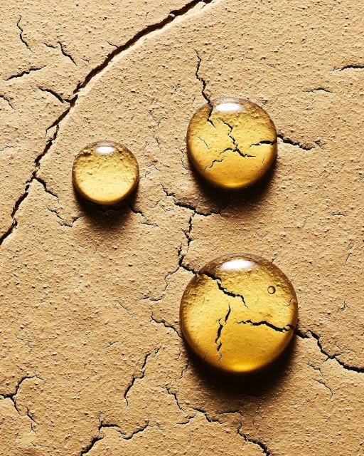 Macro studio shot of three drops of yellow liquid on a cracked surface, highlighting textures and imperfections.