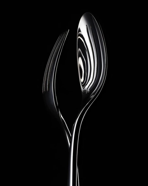 Elegant close-up of a polished silver fork and spoon intertwined against a stark black background in a studio lighting setup.