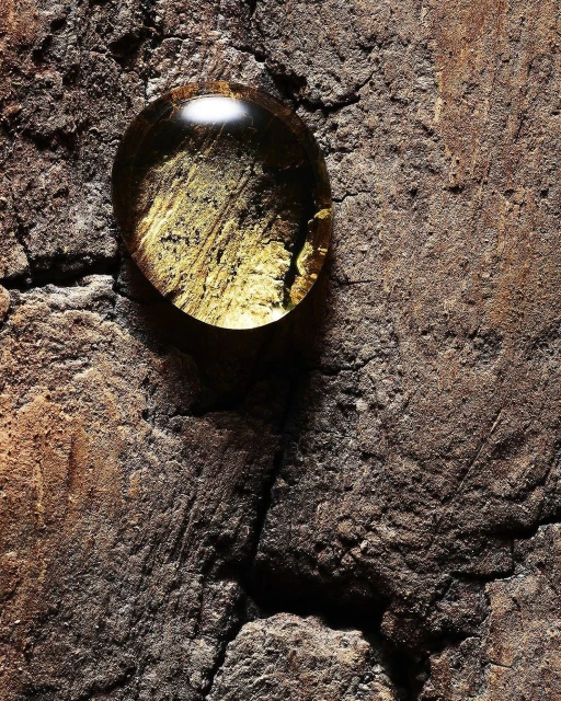 Textured stone surface with a single, clear water droplet reflecting the surface beneath it, creating an abstract and natural composition.