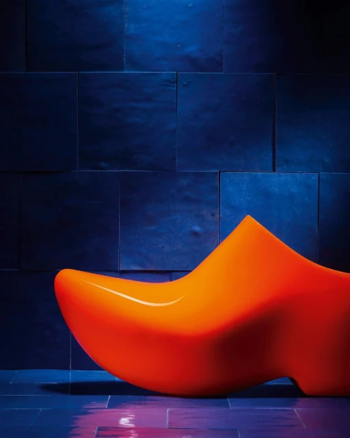 Abstract studio shot of a large, orange, shoe-shaped chair against a blue tiled wall with a matching blue reflective floor.