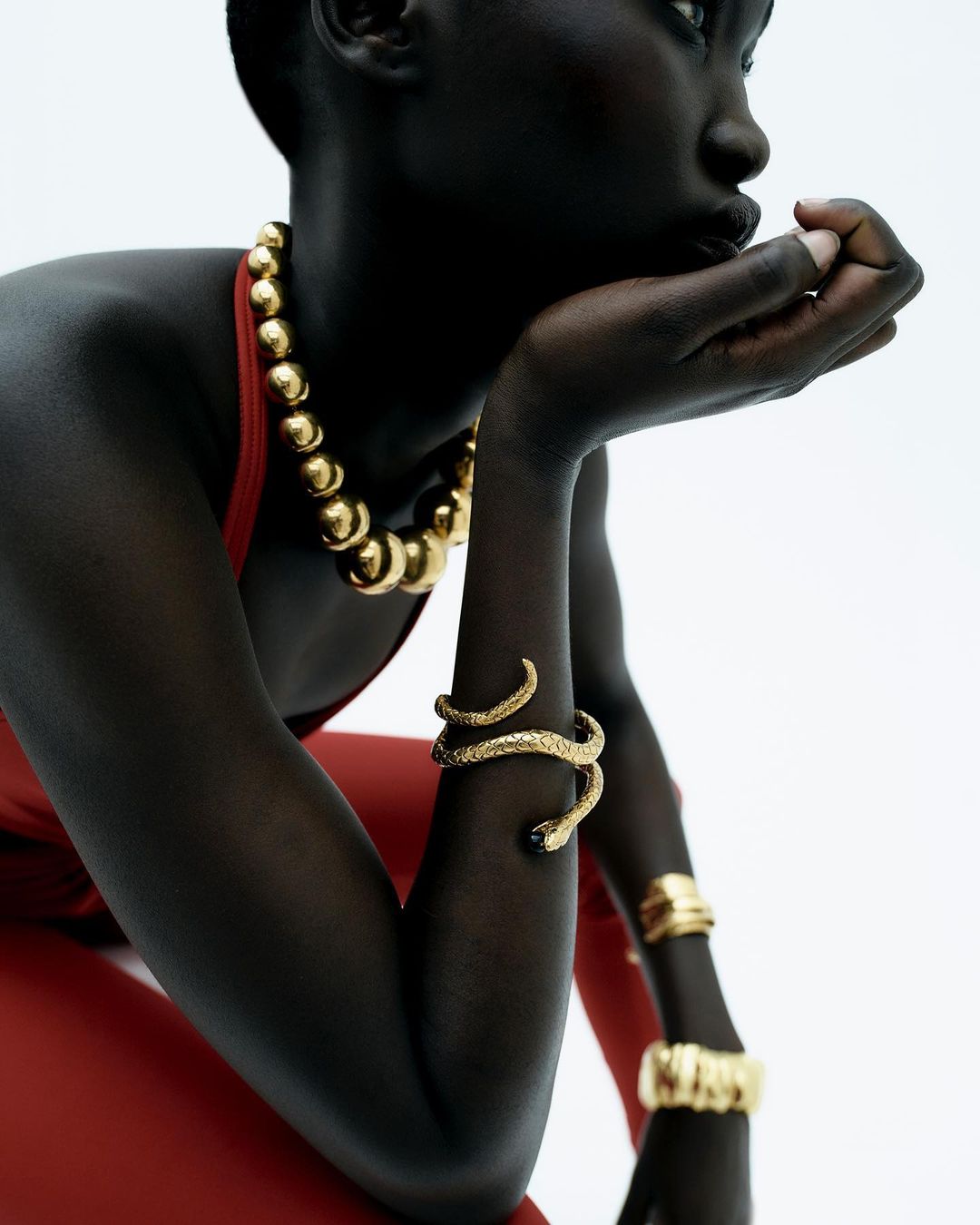 Dark-skinned woman poses with gold jewelry against a white background, showcasing a statement necklace and snake-shaped arm cuff.