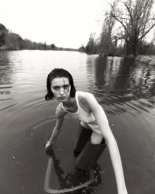 Monochrome portrait of a solitary woman in a white tank top and tall boots standing in a lake with trees and sky in the background.