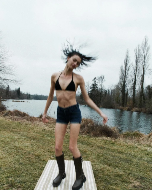A slender woman in a black bikini top and denim shorts jumps on a striped mat outdoors with a river, trees, and cloudy sky in the background.