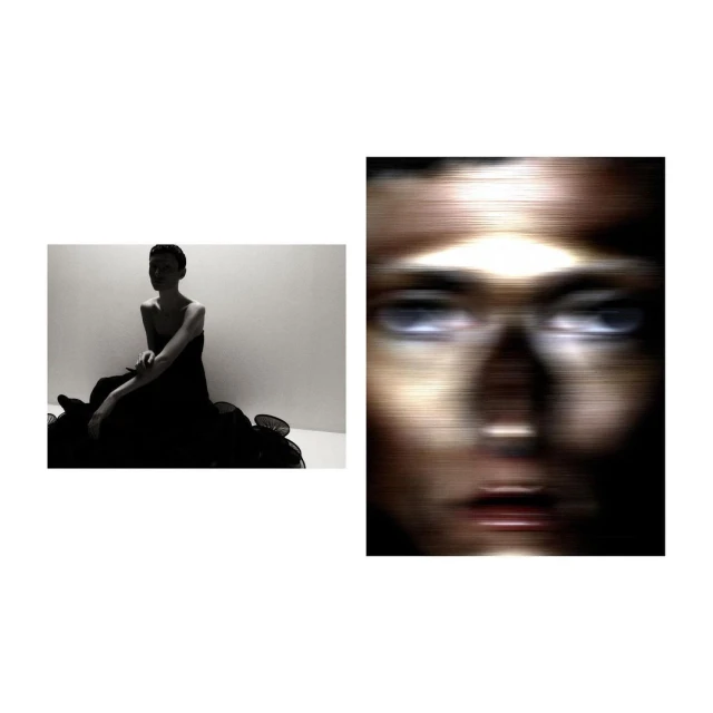 Black and white image featuring a person in a dark dress with dark hair and an out-of-focus close-up of a face with blurred features.