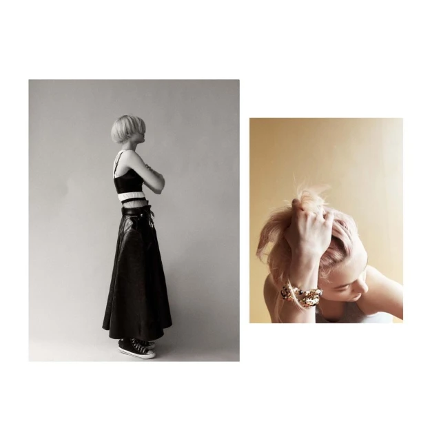 Two-panel fashion shot: a woman in a black top and skirt on the left, and close up of a woman's face and bracelet on the right.