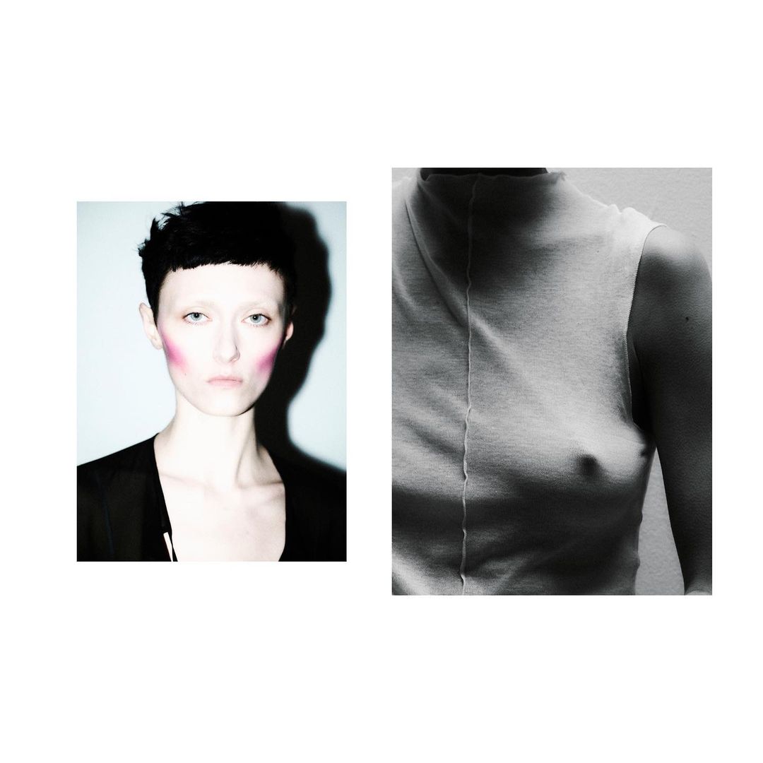 Diptych portrait featuring a model with short dark hair and pink blush on the left, and a close-up of a sleeveless white top on the right.