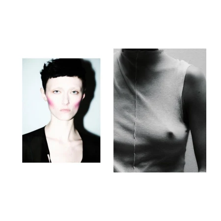 Diptych portrait featuring a model with short dark hair and pink blush on the left, and a close-up of a sleeveless white top on the right.