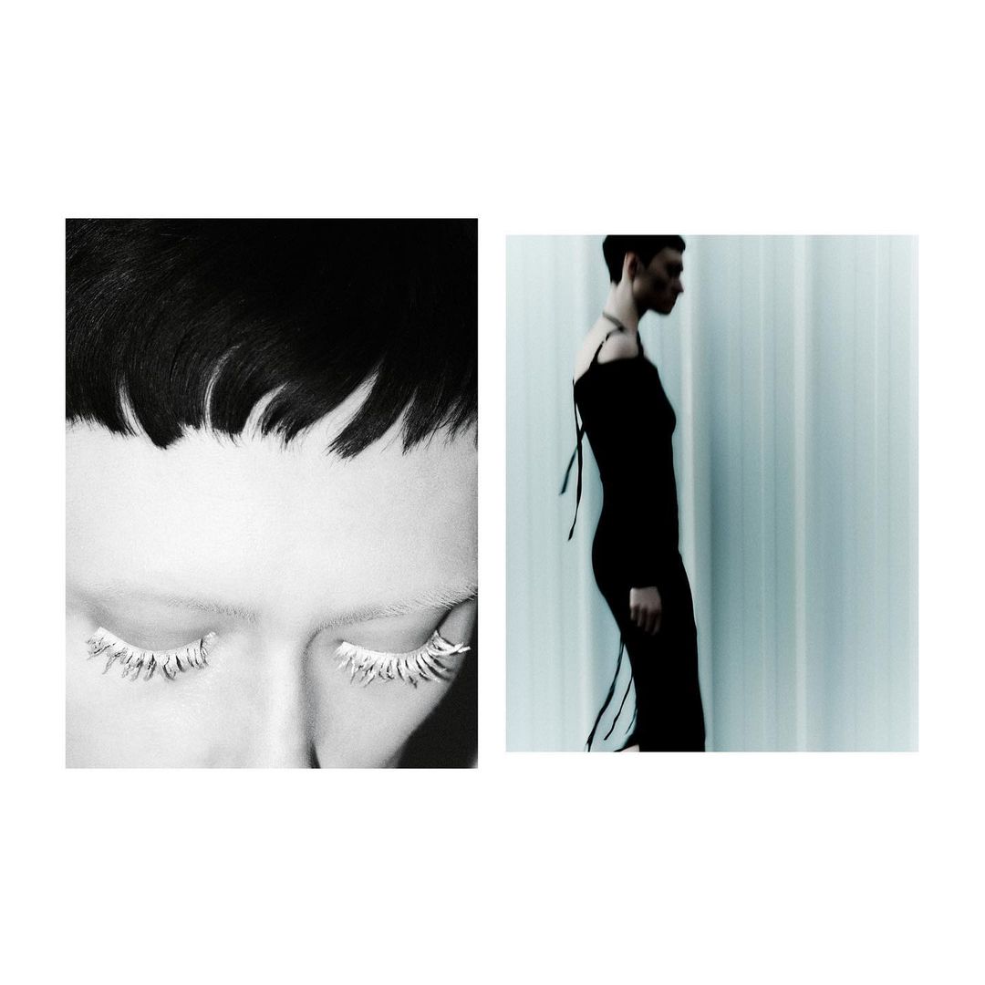Monochromatic fashion shot of a woman in a black dress against a pale backdrop, and close-up of model with exaggerated white eyelashes.