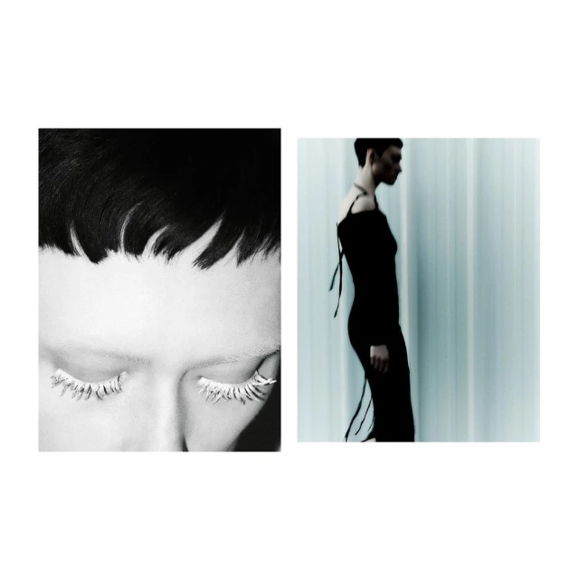 Monochromatic fashion shot of a woman in a black dress against a pale backdrop, and close-up of model with exaggerated white eyelashes.