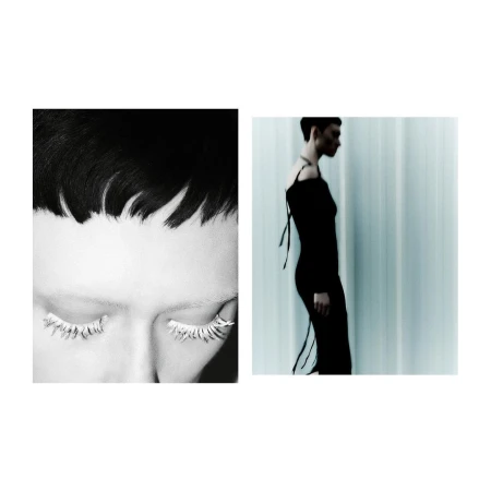 Monochromatic fashion shot of a woman in a black dress against a pale backdrop, and close-up of model with exaggerated white eyelashes.
