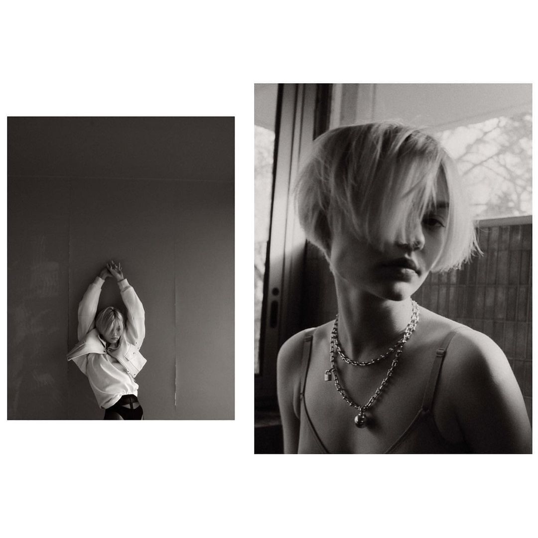 Monochrome diptych featuring two young women in relaxed poses wearing casual tops and metal chain necklaces in indoor settings.