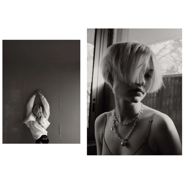 Monochrome diptych featuring two young women in relaxed poses wearing casual tops and metal chain necklaces in indoor settings.
