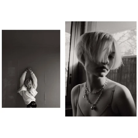 Monochrome diptych featuring two young women in relaxed poses wearing casual tops and metal chain necklaces in indoor settings.